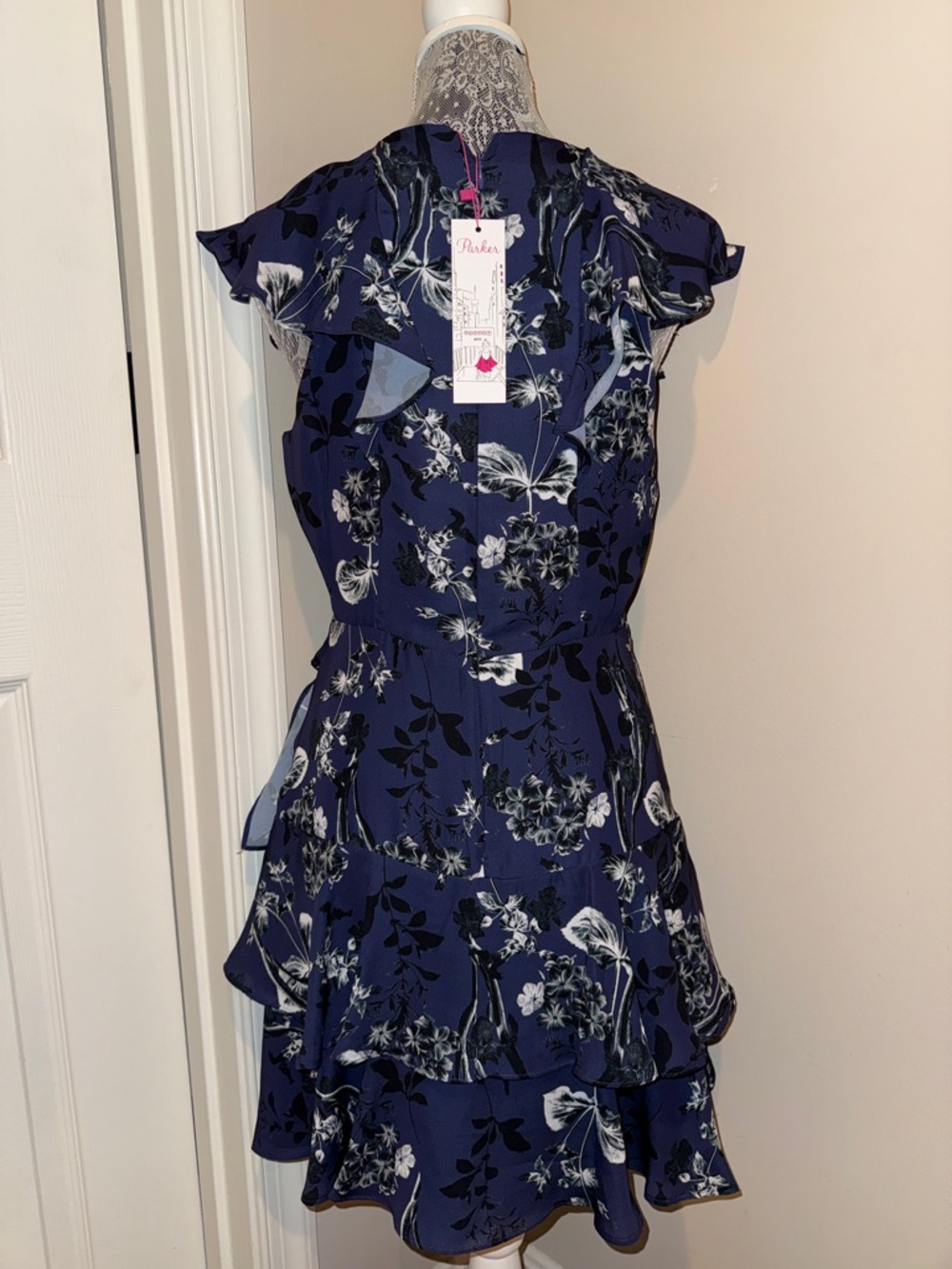 Parker Navy Paradise Floral Ruffle V-Neck Mini Dress - Picture 2 of 5